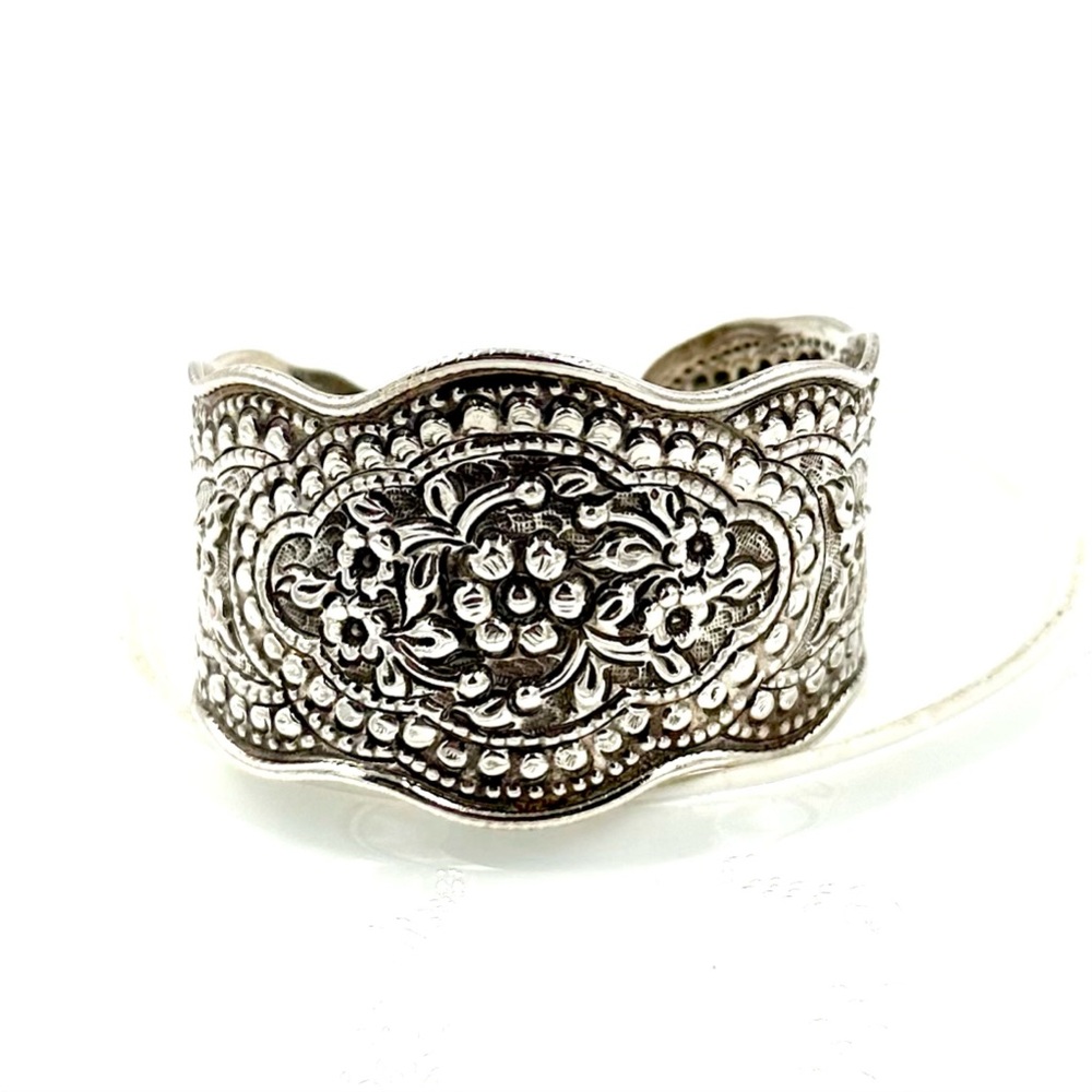 Boho Sterling Silver Cuff Bracelet Vintage Floral Thailand